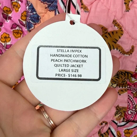 NWT Stella Impex Handmade Cotton Peach Patchwork Quilted Jacket Pink Small - Picture 4 of 10